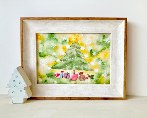 水彩画「クリスマス人形」 透明水彩画「グリーンクリスマス」2枚セット イラストミニカード