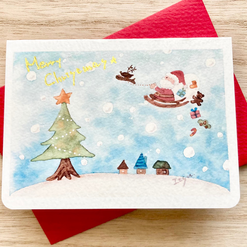 透明水彩画 3枚セット「大忙しのサンタクロース」イラストポスト