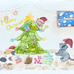 透明水彩画「猫たちのX'mas party」ミニクリスマスカード　クリスマスプレゼント　クリスマスギフト　ねこ　ネコ 2枚目の画像