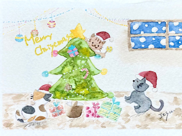 透明水彩画「猫たちのX'mas party」ミニクリスマスカード　クリスマスプレゼント　クリスマスギフト　ねこ　ネコ 2枚目の画像