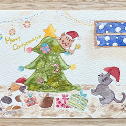 透明水彩画「猫たちのX’mas party」3枚セット　イラストポストカード　クリスマス　クリスマスカード　ネコ　ねこ　 2枚目の画像