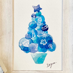 透明水彩画　A4ポスター「ふんわりブルークリスマス」北欧イラスト　クリスマスポスター　クリスマスツリー　クリスマス 2枚目の画像