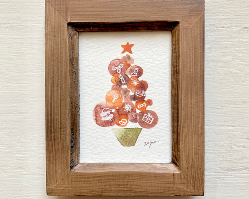 透明水彩画「アンティーククリスマスツリー」北欧イラストミニ額