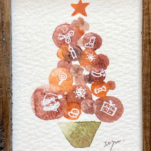 透明水彩画「ふんわりブラウンクリスマス」北欧イラスト ミニ額