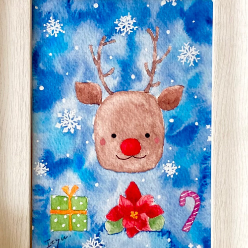 透明水彩画 A4ポスター「真っ赤なお鼻のトナカイさん」イラストアート