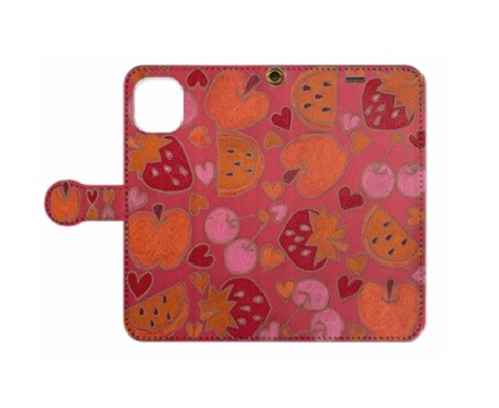 赤　手描きデザイン　選べるカラーシリーズ　アートスマホケース　　　りんご　さくらんぼ　いちご　すいか　果物