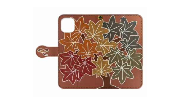 茶色　アートなスマホケース　iPhoneケース　手描きデザイン　選べるカラー　ブラウン　楓柄　葉っぱ柄 2枚目の画像