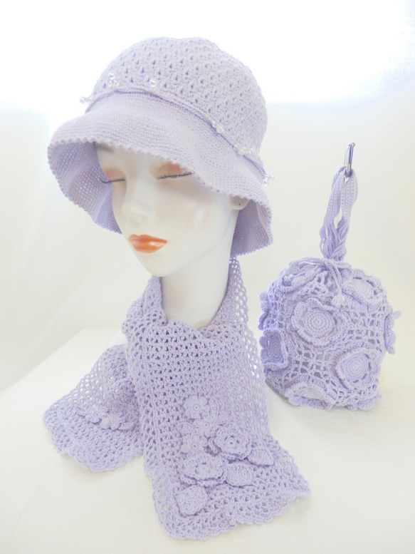 かぎ針編み シャボン玉ビーズ　帽子〈ラベンダーラメ色〉ミステリアスな乙女 6枚目の画像