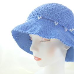 かぎ針編み シャボン玉ビーズ　帽子〈青色〉クールな乙女 2枚目の画像