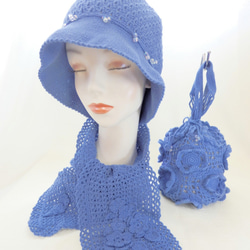 かぎ針編み シャボン玉ビーズ　帽子〈青色〉クールな乙女 6枚目の画像