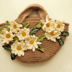 かぎ針編み　花籠ニットバッグ　(マーガレット) ココアブラウン色 3枚目の画像