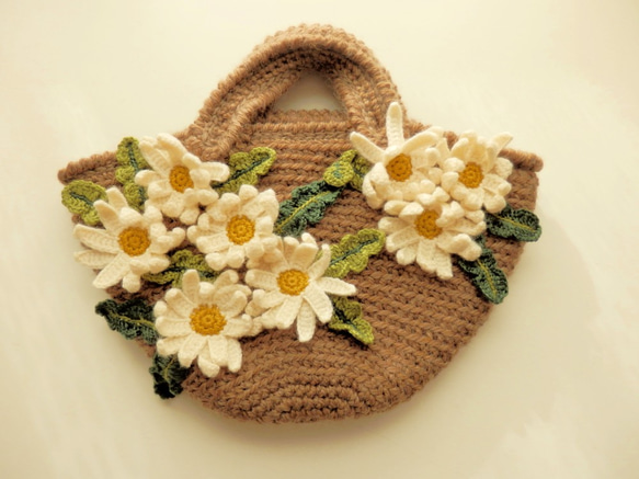 かぎ針編み　花籠ニットバッグ　(マーガレット) ココアブラウン色 3枚目の画像