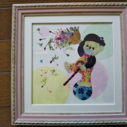 押し花アート額（玉乗り熊さん）＃サーカス＃花かご＃ボール