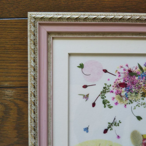押し花アート額（玉乗り熊さん）＃サーカス＃花かご＃ボール