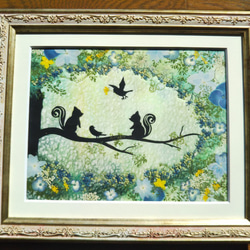 ファンタジーな押し花アート額《木漏れ日の中で》リス・小鳥・やすらぎ・シルエット・ほのぼの・　夢　和紙　 1枚目の画像