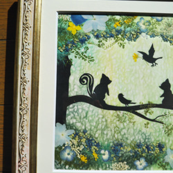 ファンタジーな押し花アート額《木漏れ日の中で》リス・小鳥・やすらぎ・シルエット・ほのぼの・　夢　和紙　 3枚目の画像