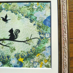 ファンタジーな押し花アート額《木漏れ日の中で》リス・小鳥・やすらぎ・シルエット・ほのぼの・　夢　和紙　 4枚目の画像