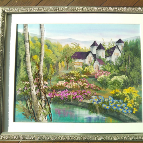 新年の贈り物 美しい風景絵画のような《押し花アート額》湖畔・花畑・森 絵画