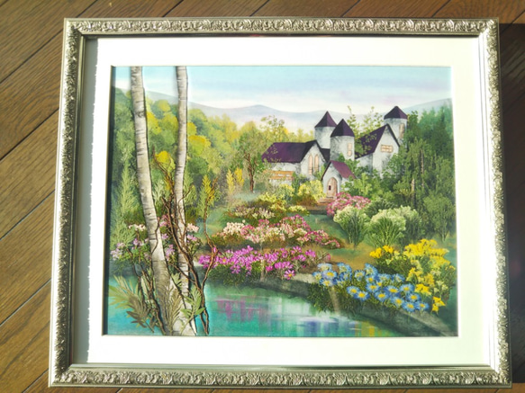 美しい風景絵画のような《押し花アート額》湖畔・花畑・森　 2枚目の画像