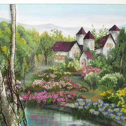 題「花咲く丘」（押し花アート） 山と花畑の風景