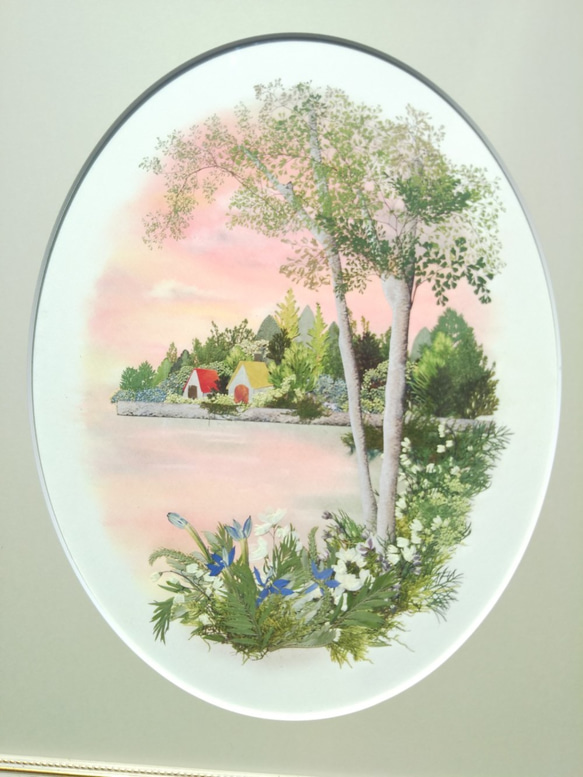 森と湖のヨーロピアン風景《押し花アート額》#森#楕円中マット 森と湖のヨーロピアン風景《押し花アート額》#森#楕円中マット