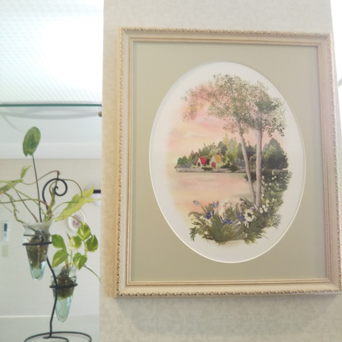 森と湖のヨーロピアン風景《押し花アート額》#森#楕円中マット 森と湖のヨーロピアン風景《押し花アート額》#森#楕円中マット