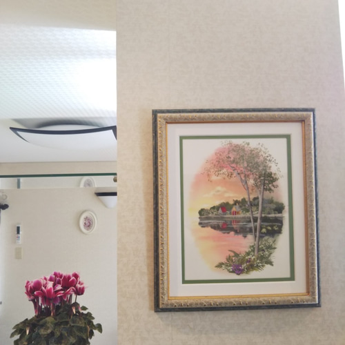 森と湖のヨーロピアン風景《押し花アート額》#森#湖畔#風景