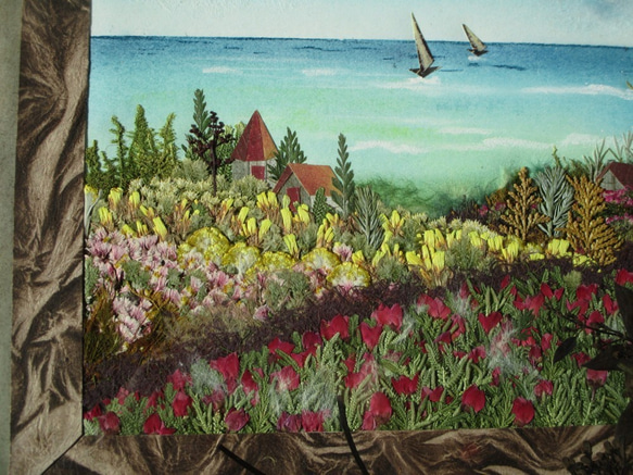 煌めく海と花咲く丘の《押し花アート額》#押し花#インテリア#海#バラ#ヨット＃アレンジメント#花畑#風景　　 4枚目の画像