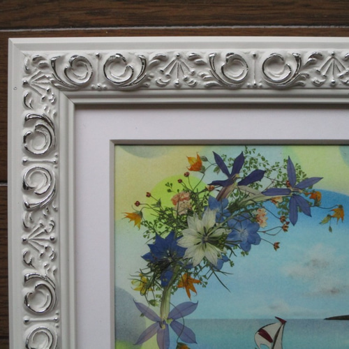 押し花アート〜湖の香り〜押し花額　インテリア雑貨　壁掛け　風景画　額装　アート 美しい風景絵画のような《押し花アート額》湖畔・花畑・森