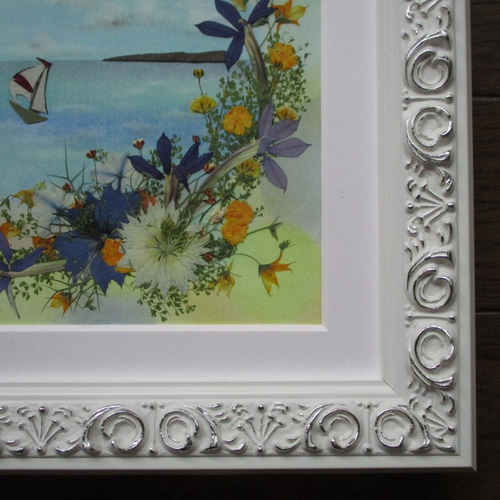 押し花アート〜湖の香り〜押し花額　インテリア雑貨　壁掛け　風景画　額装　アート 美しい風景絵画のような《押し花アート額》湖畔・花畑・森