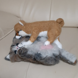 羊毛フェルト、じゃれる子猫と柴犬の子犬 1枚目の画像