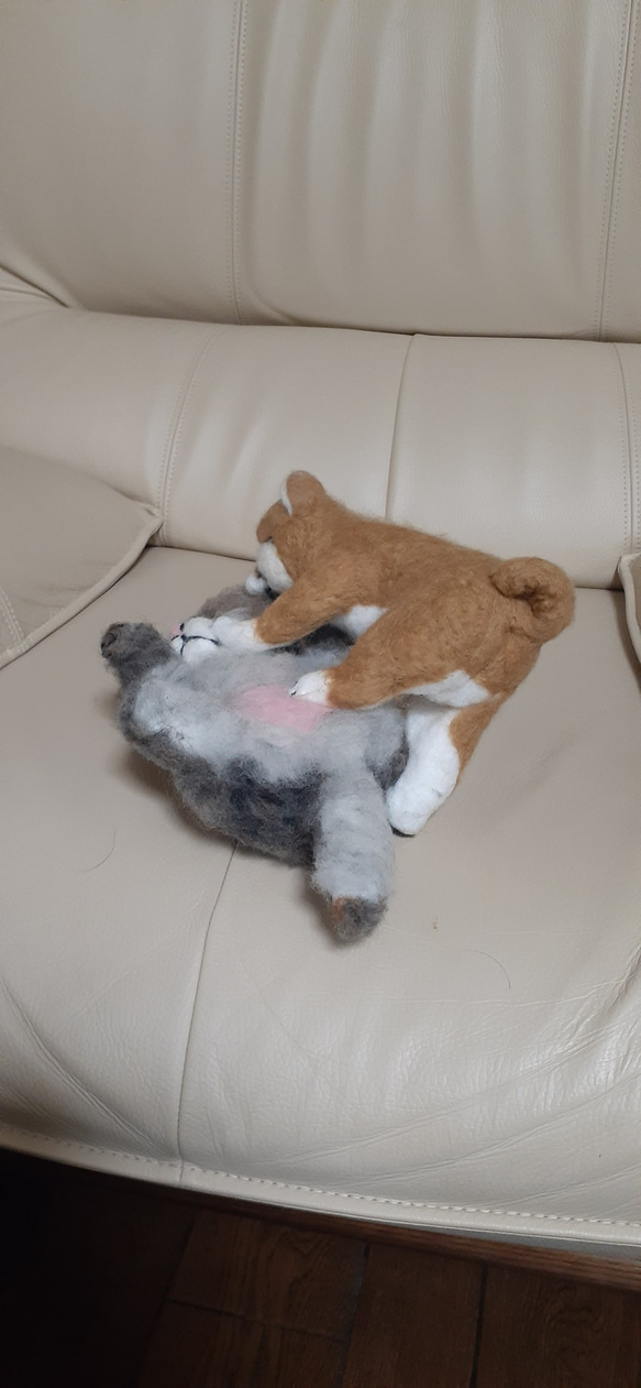 羊毛フェルト、じゃれる子猫と柴犬の子犬 2枚目の画像