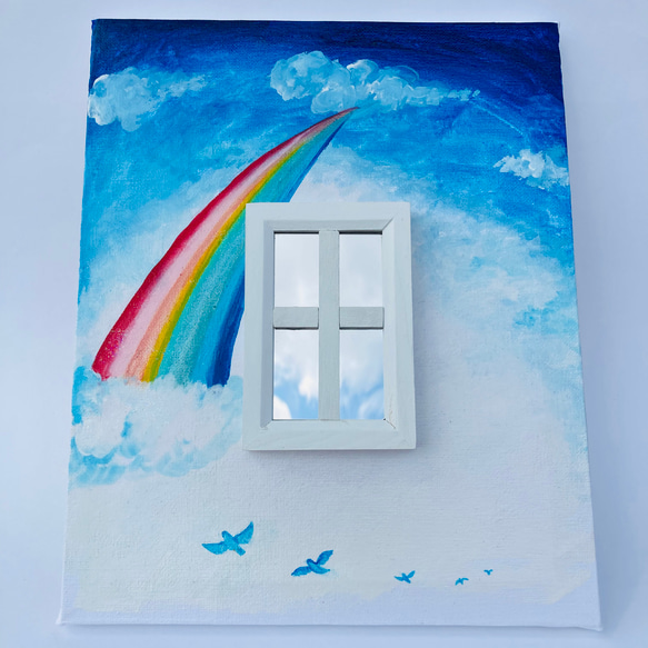 キャンバスボード・青空に虹　青い鳥が飛ぶ　窓ミラー　原画　絵画 1枚目の画像
