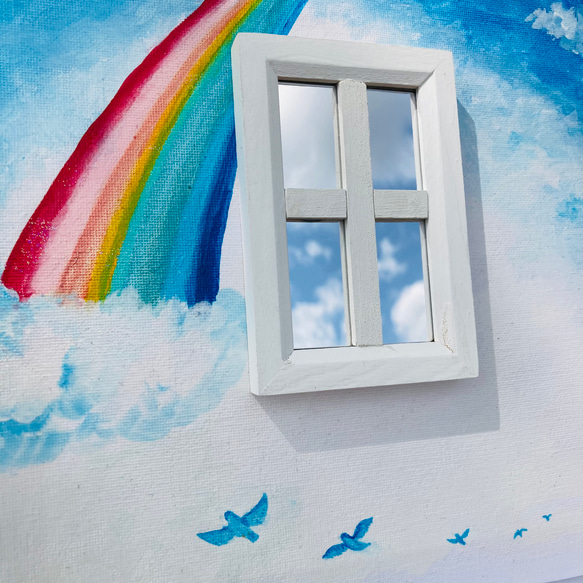 キャンバスボード・青空に虹　青い鳥が飛ぶ　窓ミラー　原画　絵画 4枚目の画像