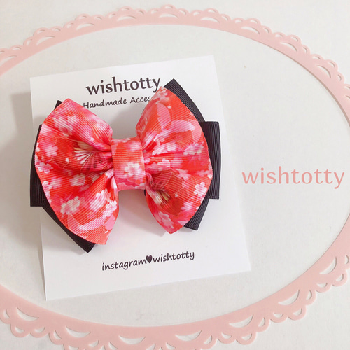 お正月にもぴったり！ 和柄のリボンヘアゴム 蝶と桜柄 ＊ブラック  