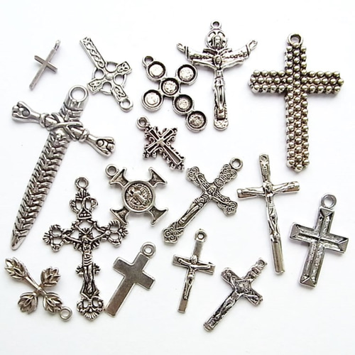 クロス・十字架チャームセット アンティークシルバー 10種以上20個入