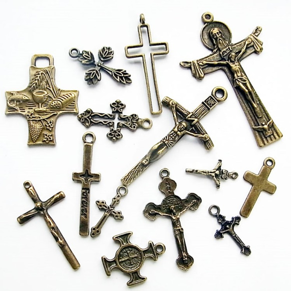 クロス・十字架チャームセット アンティークゴールド 10種以上20個入 1枚目の画像