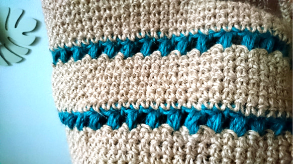 【受注作製】麻ひも玉編み模様のマルシェバック(ブルー)【Lサイズ】 3枚目の画像