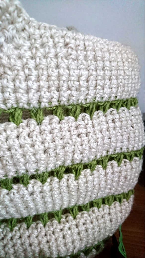 【受注作製】麻ひも玉編み模様のマルシェバック(ホワイト×黄緑)【Lサイズ】 3枚目の画像