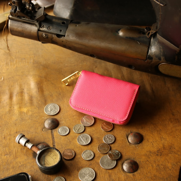 【永久無料保証】エレガントな高級カーフ☆　ワープロラックスレザー　ピンク　コインケース　小銭入れ 1枚目の画像