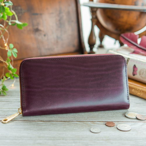 新品　高級本革　革の宝石　 ルガトーレザー　ウォレット　総手縫　財布 永久無料保証】革の宝石 ルガトーレザー パープル ラウンド