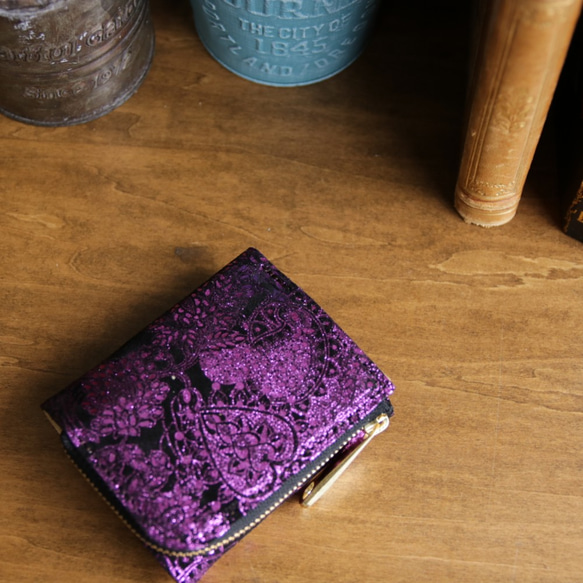 7月9日錢包，一天一天。今天是紫色佩斯利的牛皮錢包（一天一個不限於一個再次上架）緊湊錢包 第2張的照片
