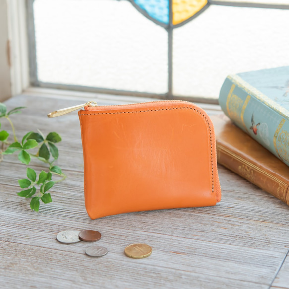 【永久無料保証】キメ細かく色鮮やか♪　大日キッププリモレザー　オレンジ コンパクト財布-L字ファスナー- 1枚目の画像
