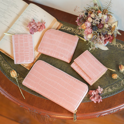【永久無料保証】エナメルクロコの型押し牛革　ピンク　コンパクト財布-L字ファスナー- 9枚目の画像