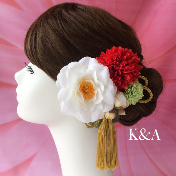 白椿と赤マムの和髪飾り ヘッドドレス 成人式 卒業式 結婚式 袴 振袖