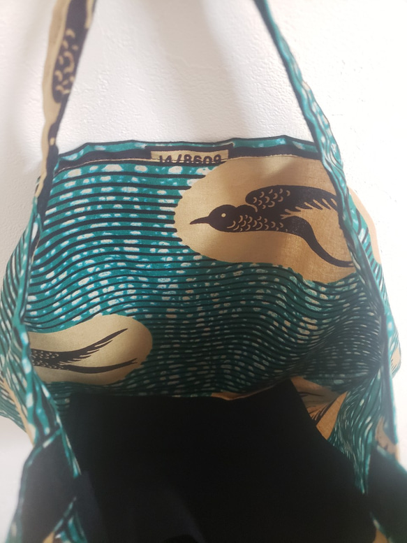 【つば柄】アフリカ布　アフリカンバティック　アフリカンプリント　ミニトート　手提げバッグ　グリーン×ベージュ　エコバッグ 4枚目の画像