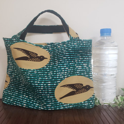 【つば柄】アフリカ布　アフリカンバティック　アフリカンプリント　ミニトート　手提げバッグ　グリーン×ベージュ　エコバッグ 7枚目の画像