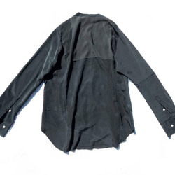 ブラック(黒)シルクシャツ、ノーカラー、ロウエッジ、パッチワーク、ハギレリメイク MOMOZONO original 5枚目の画像