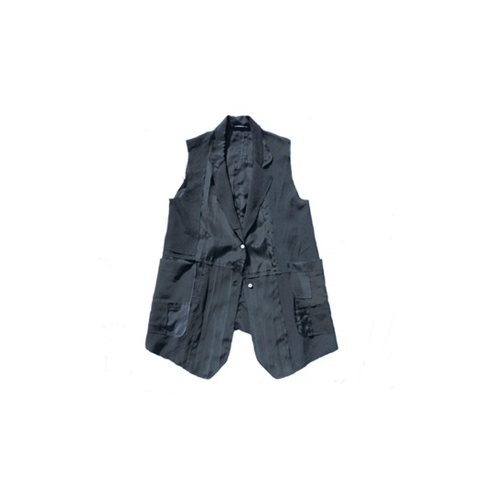 袖なしシャツ、ロウエッジ、ブラック(黒)シルク、ハギレパッチワーク MOMOZONO original