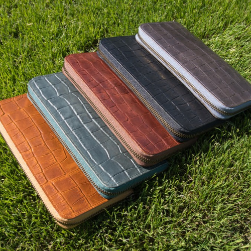 本革クロコ ラウンドファスナー長財布 キャメル 長財布 Mi-Cours 